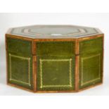 Reproduction octagonal leather covered, cross banded and boxwood lined box