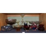 Assorted glassware including a Murano Somnerso vase, two large pedestal bowls, a Vaseline glass