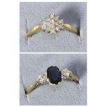 A 9 carat sapphire and diamond three stone ring, total estimated diamond weight 0.10 carat