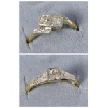 An old cut diamond two stone ring, in square settings to diamond set bypass shoulders, total