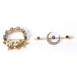 A sapphire and diamond crescent bar brooch, total estimated diamond weight 0.25 carat approximately,