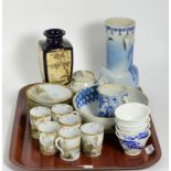 Japanese blue and white vase, bowl, six egg shell cups and saucers, wine pot and four bowls, twin
