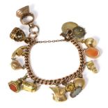 A charm bracelet, stamped '9.375', with eight charms, four hardstone fobs, and two coins Gross