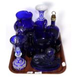 Bristol blue and other glass including a Masonic vase, a pressed glass model of a dog, etc