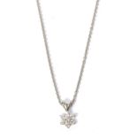 A platinum diamond cluster pendant on chain, total estimated diamond weight 0.40 carat