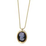 An opal triplet, onyx and diamond cameo pendant, stamped '18CT' on a chain 32.22g gross