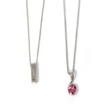 Two 18 carat white gold pink tourmaline pendants on chains, chain length 41cm and 41.5cm The