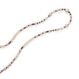 A cultured pearl and ruby bead necklace, faceted ruby beads spaced at intervals by groups of