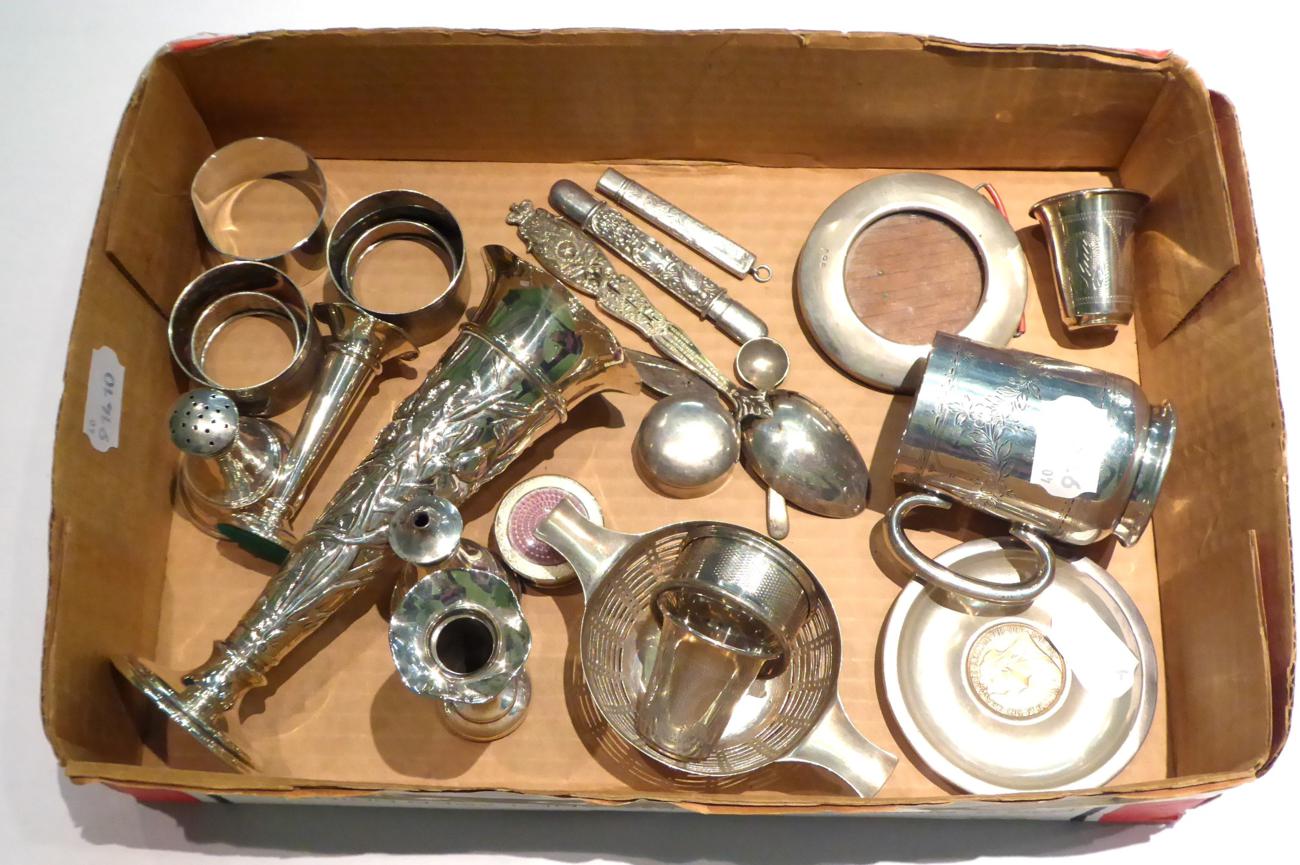 Assorted silver items including posy vases, a mug, napkin rings etc11.4ozt