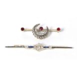 A ruby and diamond crescent bar brooch, total estimated diamond weight 0.20 carat approximately,