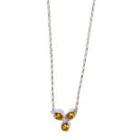 A citrine and diamond necklace, pendant measures 1.3cm by 1.3cm, chain length 41.5cmThe necklace