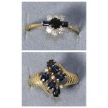 A 9 carat gold sapphire and diamond cross over ring, with fluted shoulders, finger size P and a 9