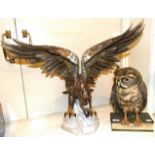 Two modern Italian ceramic bird figures - displaying eagle and owl perched on book