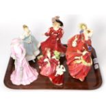 Six Royal Doulton figures including 'Top O The Hill' and 'Autumn Breezes' and a similar Coalport