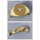 A 9 carat gold star set diamond signet ring, estimated diamond weight 0.05 carat approximately,