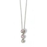 A 9 carat white gold pink sapphire and diamond pendant on chain, drop length 2cm, chain length 40.