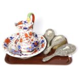 A Masons Ironstone jug and bowl together with three silver mounted dressing table items comprising