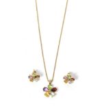 A multi-gemstone pendant on chain and earrings set, a flower pattern pendant set with oval cut