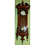 A late 19th century single weight wall clock, with pendulum and circular porcelain dial