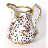A 19th century porcelain jug printed and hand painted with a playing card design (a.f.)the spout