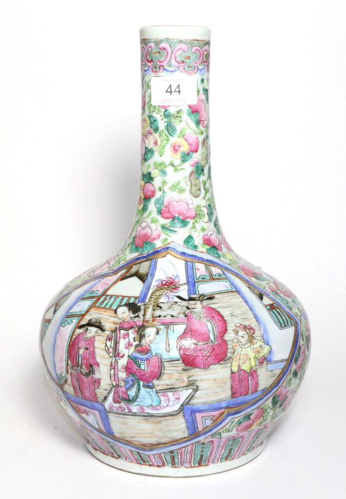 A Cantonese Porcelain Bottle Vase, 19th century, typically painted in famille rose enamels with