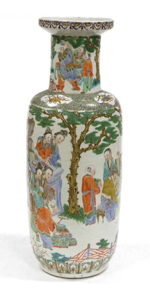 A Chinese Rouleau Vase, late 19th century, painted in famille verte enamels with figures in a garden