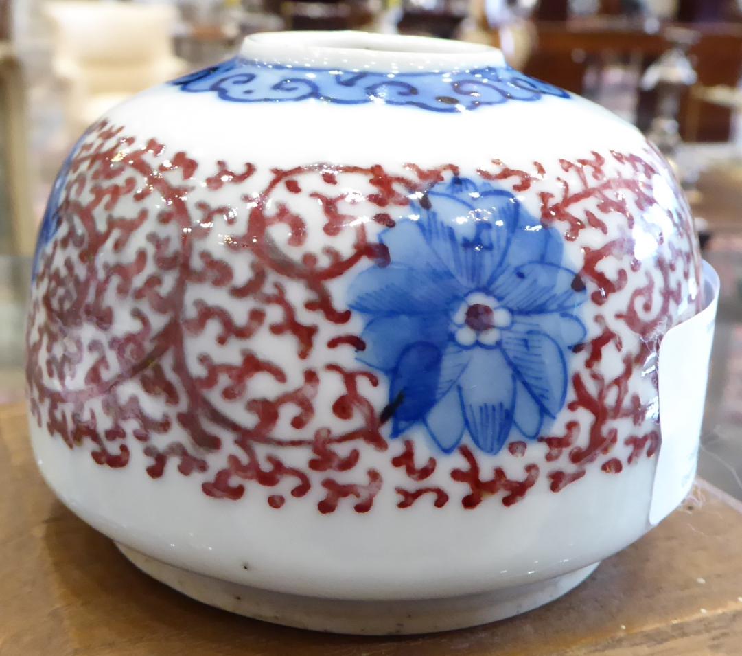 A Chinese Porcelain Brush Pot, Qing Dynasty, of ovoid form, painted in underglaze blue and red - Image 4 of 6