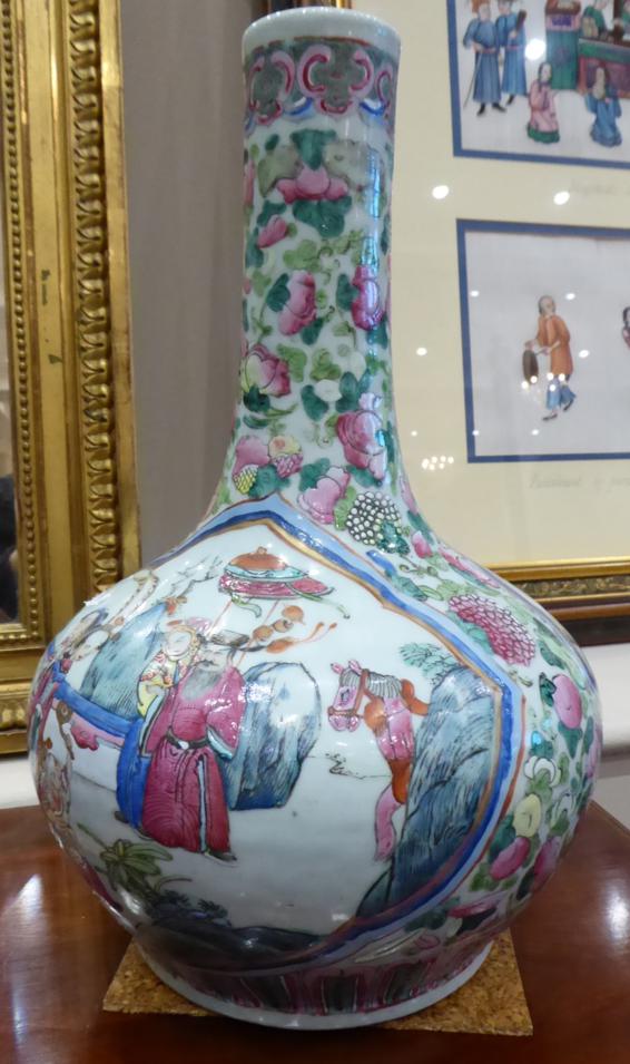 A Cantonese Porcelain Bottle Vase, 19th century, typically painted in famille rose enamels with - Image 4 of 7