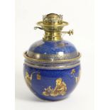 A Booths Silicon China Oil Lamp Base, early 20th century, printed in gilt with chinoiserie figures