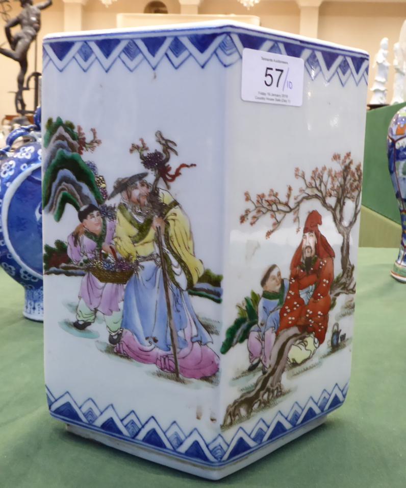 A Chinese Porcelain Lozenge Shaped Vase, painted in famille rose enamels with sages in landscape, - Image 7 of 9