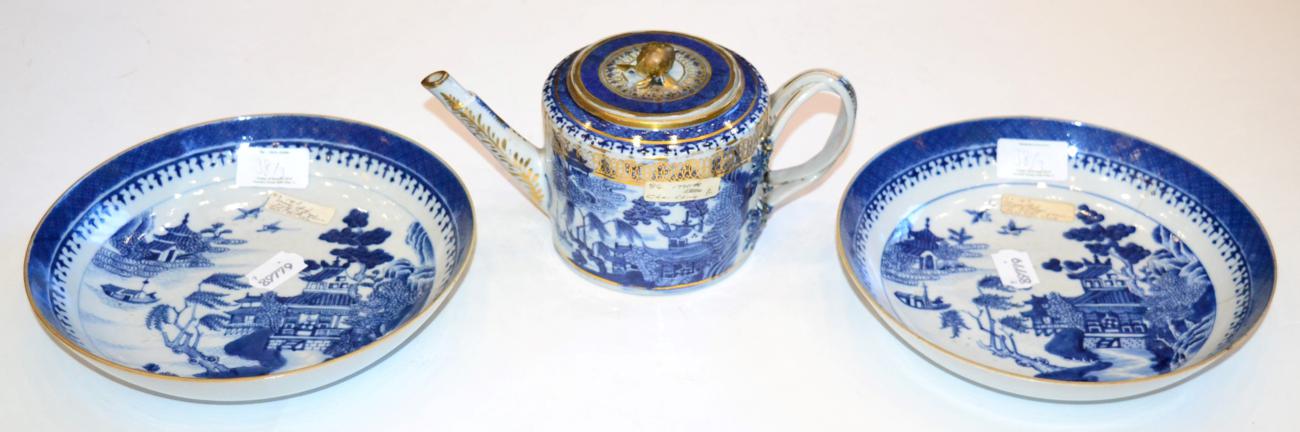 A Chinese Porcelain Teapot and Cover, Qianlong, of cylindrical form with entwined handles, painted