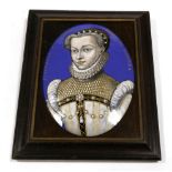 A Limoges Enamel Oval Plaque, in Renaissance style, painted with a bust portrait Elizabeth D'Avriche