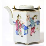 A Chinese Porcelain Hexagonal Wine Pot, 19th century, painted in famille rose enamels with figures