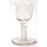 A Firing Glass, circa 1760, the ogee bowl engraved with flower sprigs on an opaque twist stem,