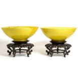 A Pair of Chinese Yellow Glazed Bowls, in Kangxi style, 23.5cm diameter, on hardwood stands