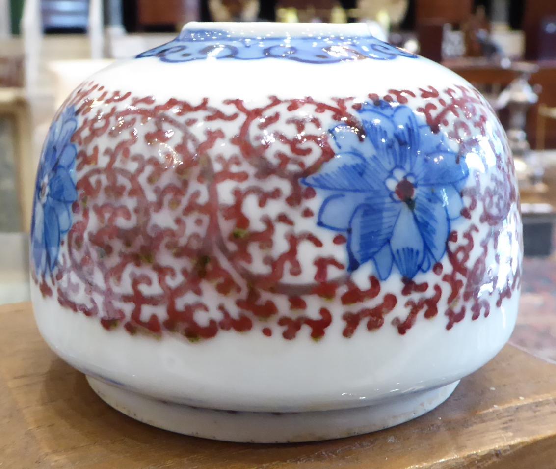 A Chinese Porcelain Brush Pot, Qing Dynasty, of ovoid form, painted in underglaze blue and red - Image 3 of 6