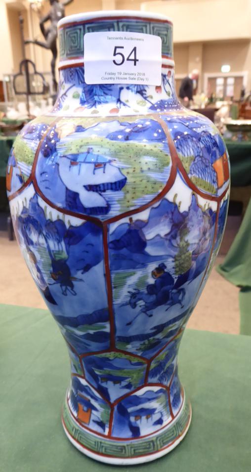 A Chinese Porcelain Baluster Vase, Kangxi, painted in underglaze blue and clobbered with panels of - Image 3 of 5