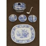 A Pearlware Meat Platter, circa 1840, with gravy well, printed in underglaze blue with the