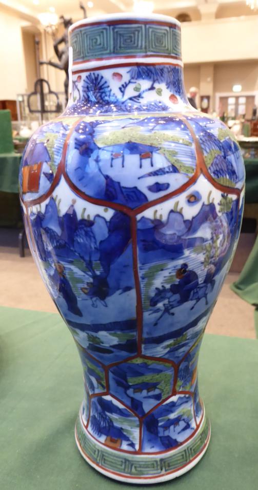 A Chinese Porcelain Baluster Vase, Kangxi, painted in underglaze blue and clobbered with panels of - Image 4 of 5