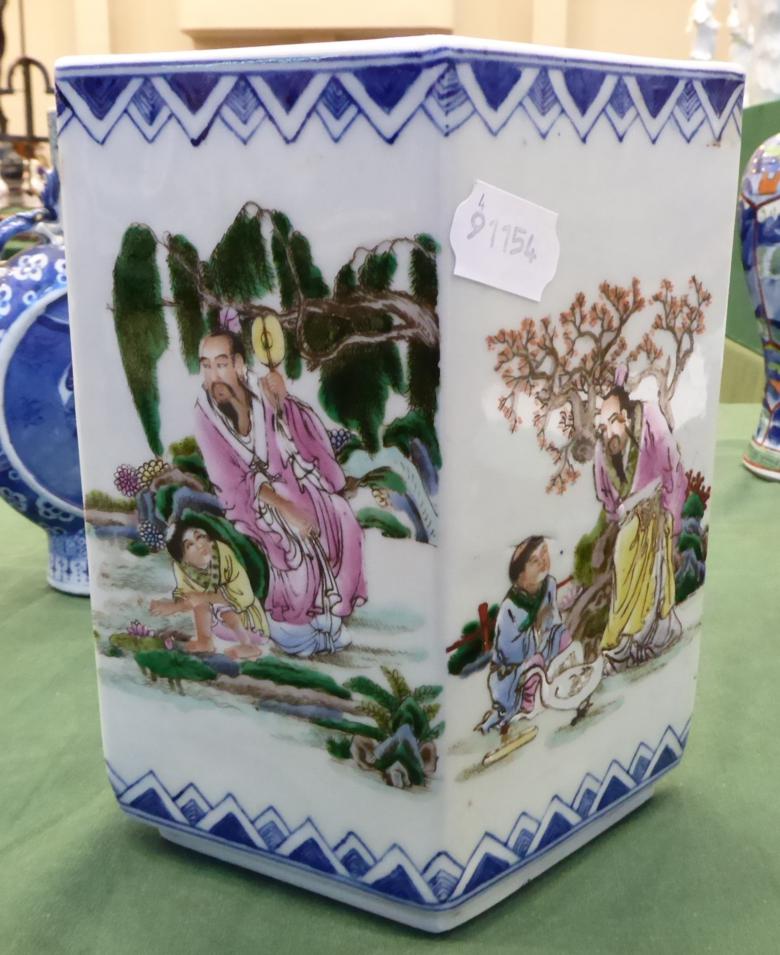 A Chinese Porcelain Lozenge Shaped Vase, painted in famille rose enamels with sages in landscape, - Image 8 of 9