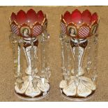 A Pair of Bohemian White Overlay Ruby Glass Lustres, circa 1870, the castellated bowls painted