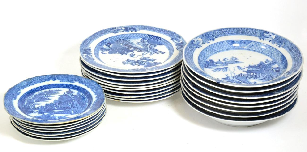 A Set of Ten Chinese Porcelain Dinner Plates, Qianlong, painted in underglaze blue with a pagoda