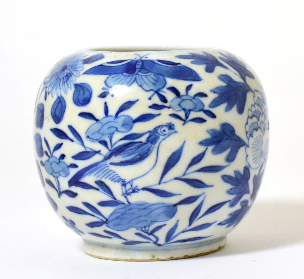 A Chinese Porcelain Water Pot, Qing Dynasty, of ovoid form, painted in underglaze blue with