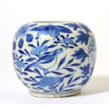 A Chinese Porcelain Water Pot, Qing Dynasty, of ovoid form, painted in underglaze blue with