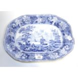 A Pearlware Platter, circa 1830, of canted rectangular form, printed in underglaze blue with a