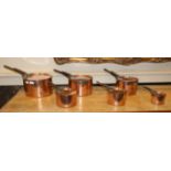 A Graduated Set of Six Victorian Copper Saucepans and Covers, with iron handles, the largest 17cm