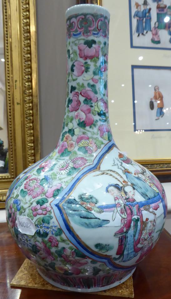 A Cantonese Porcelain Bottle Vase, 19th century, typically painted in famille rose enamels with - Image 3 of 7