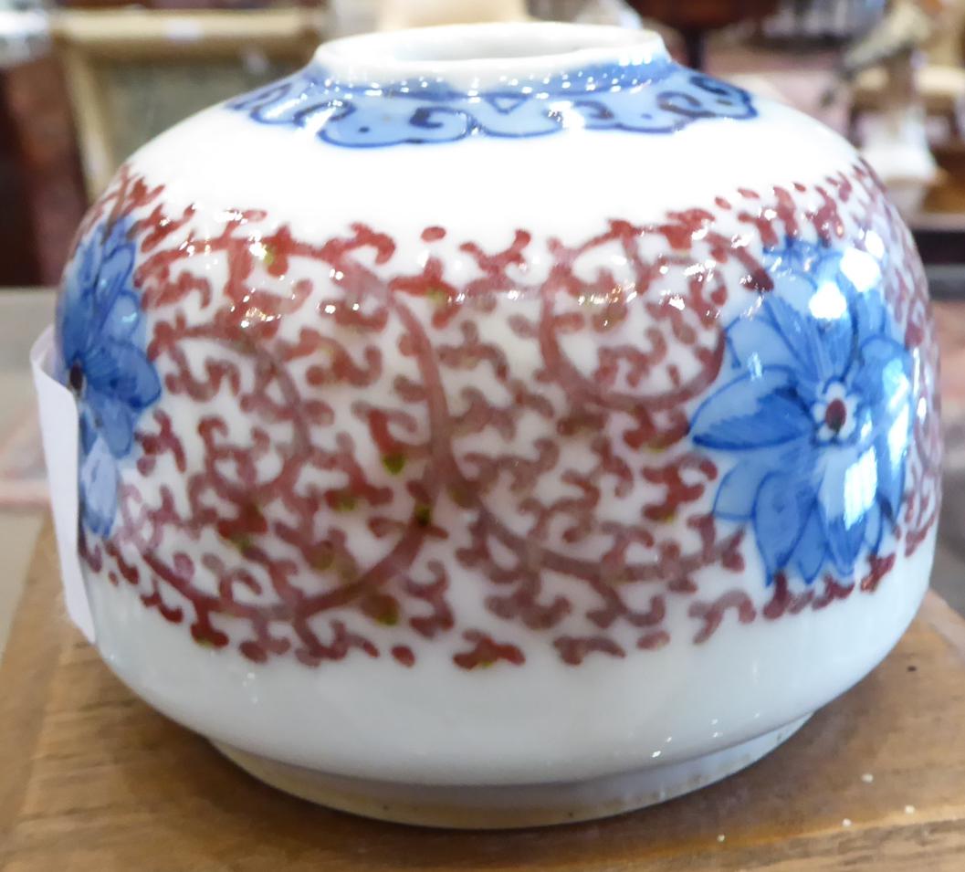 A Chinese Porcelain Brush Pot, Qing Dynasty, of ovoid form, painted in underglaze blue and red - Image 5 of 6