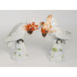 A Pair of Meissen Porcelain Figures of Cockatoos, 20th century, naturalistically modelled and