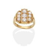 A Diamond and Split Pearl Plaque Ring, three old cut diamonds between sets of three split pearls, to